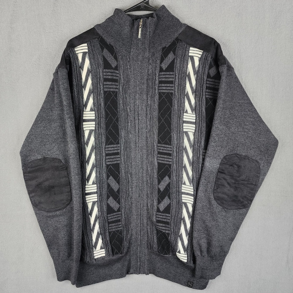 Silversilk Full Zip Sweater Mens L Gray Geometric Mock Neck‎ Elbow Patches Rayon